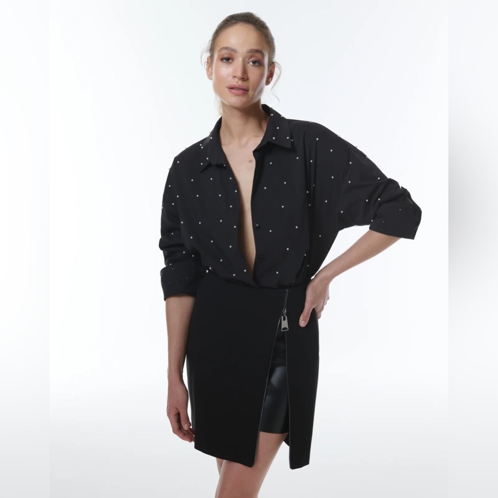 Theo the label black oversized pearl buttondown